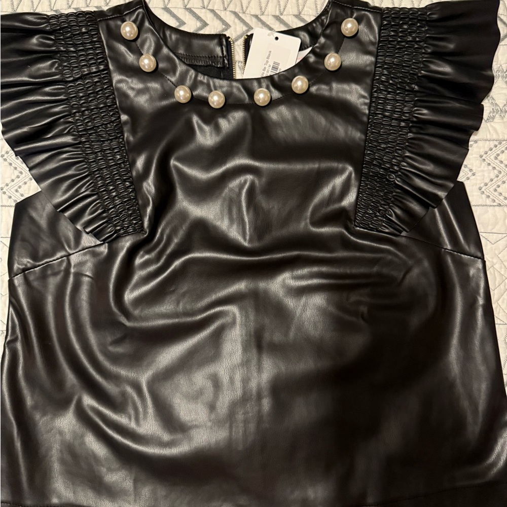 Black Faux Leather Top with Pearl Accents NWT size medium